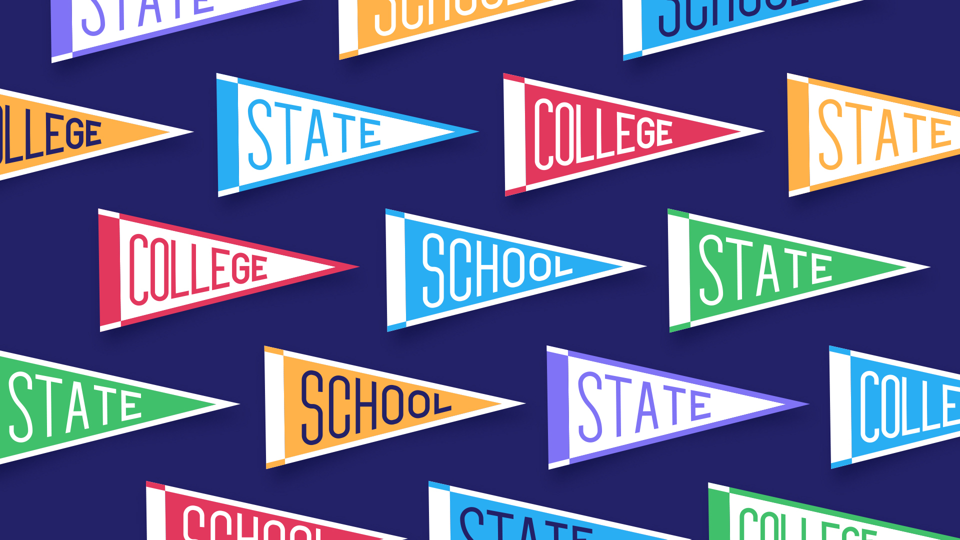 Multiple pennants in a variety of colors representative of various colleges and universities.