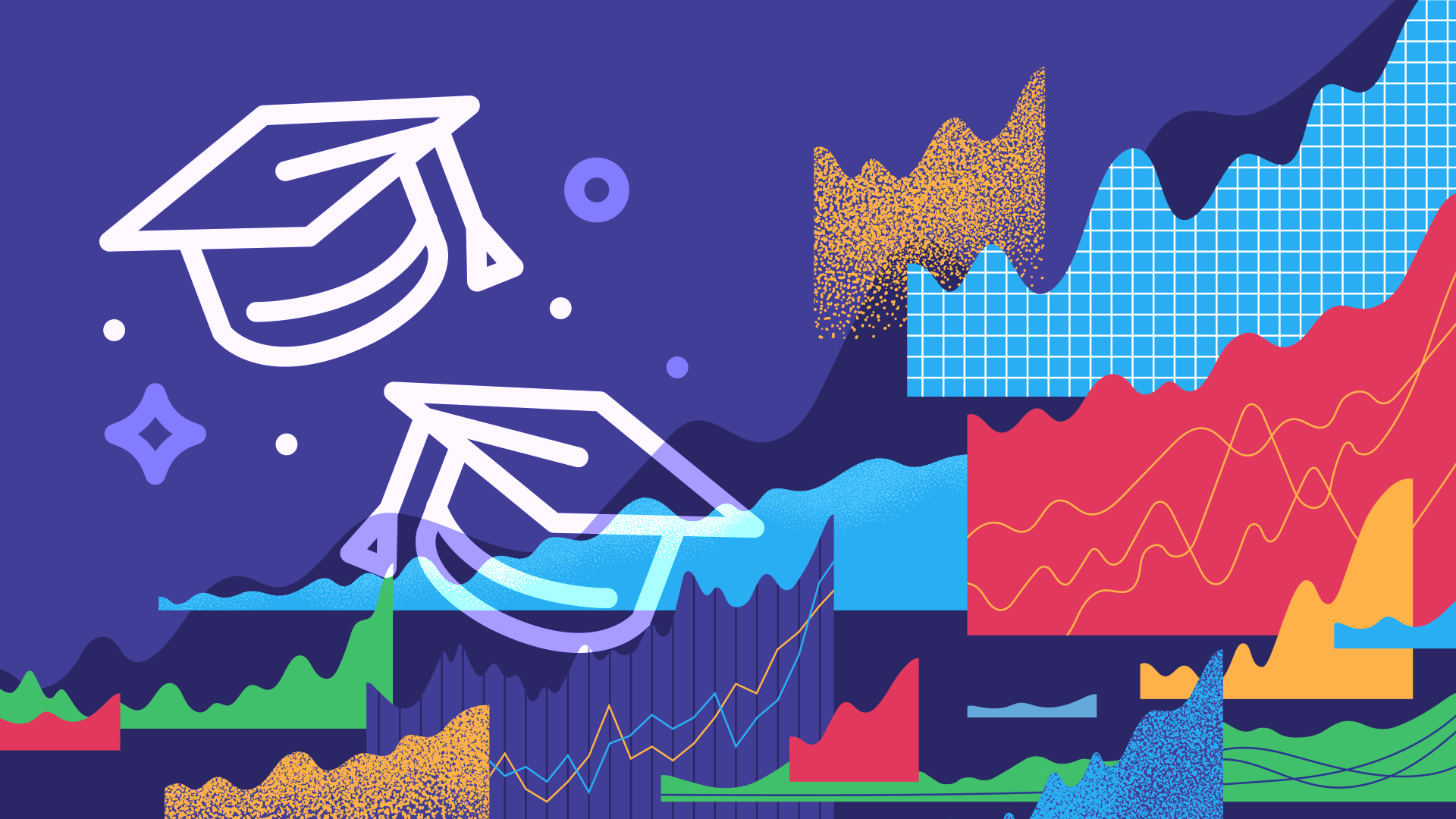 An abstract illustration of charts and graphs with overlays of graduation caps